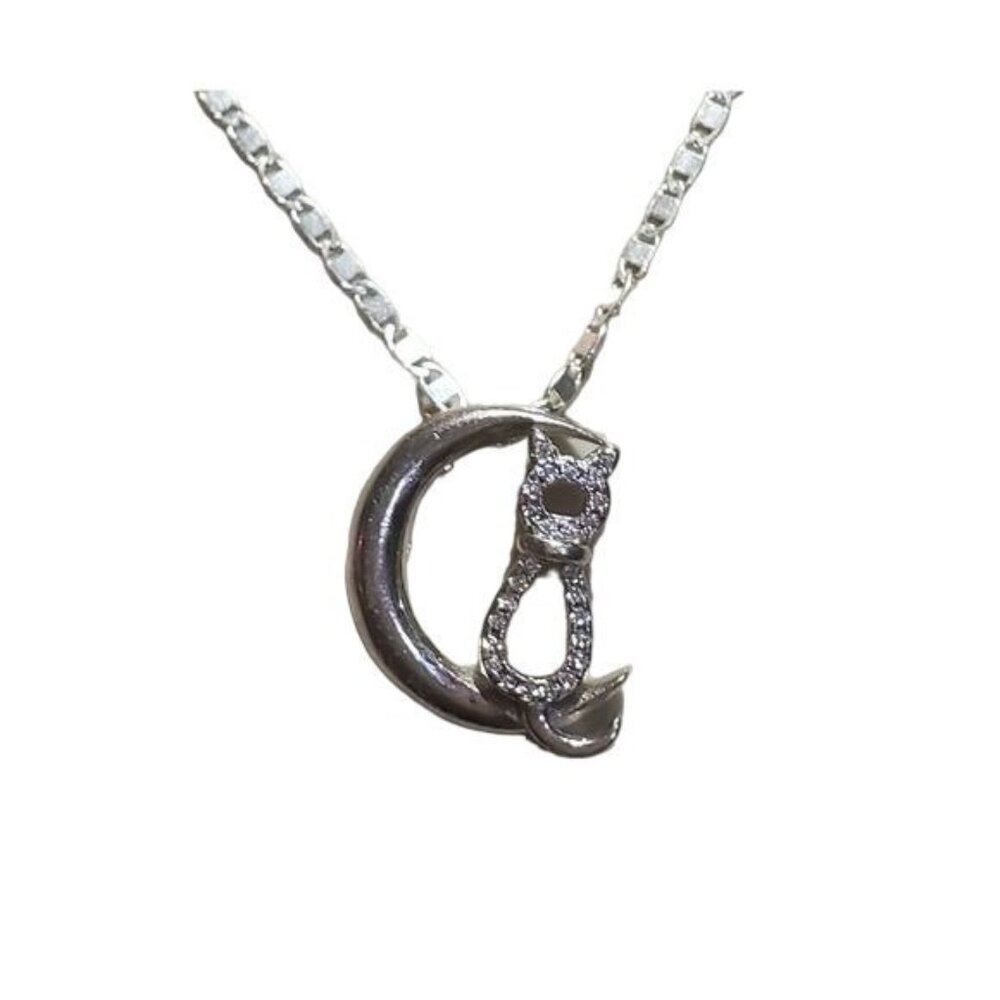 New Handcrafted Sterling Silver .925 stamped Cat in the moon pendant Necklace